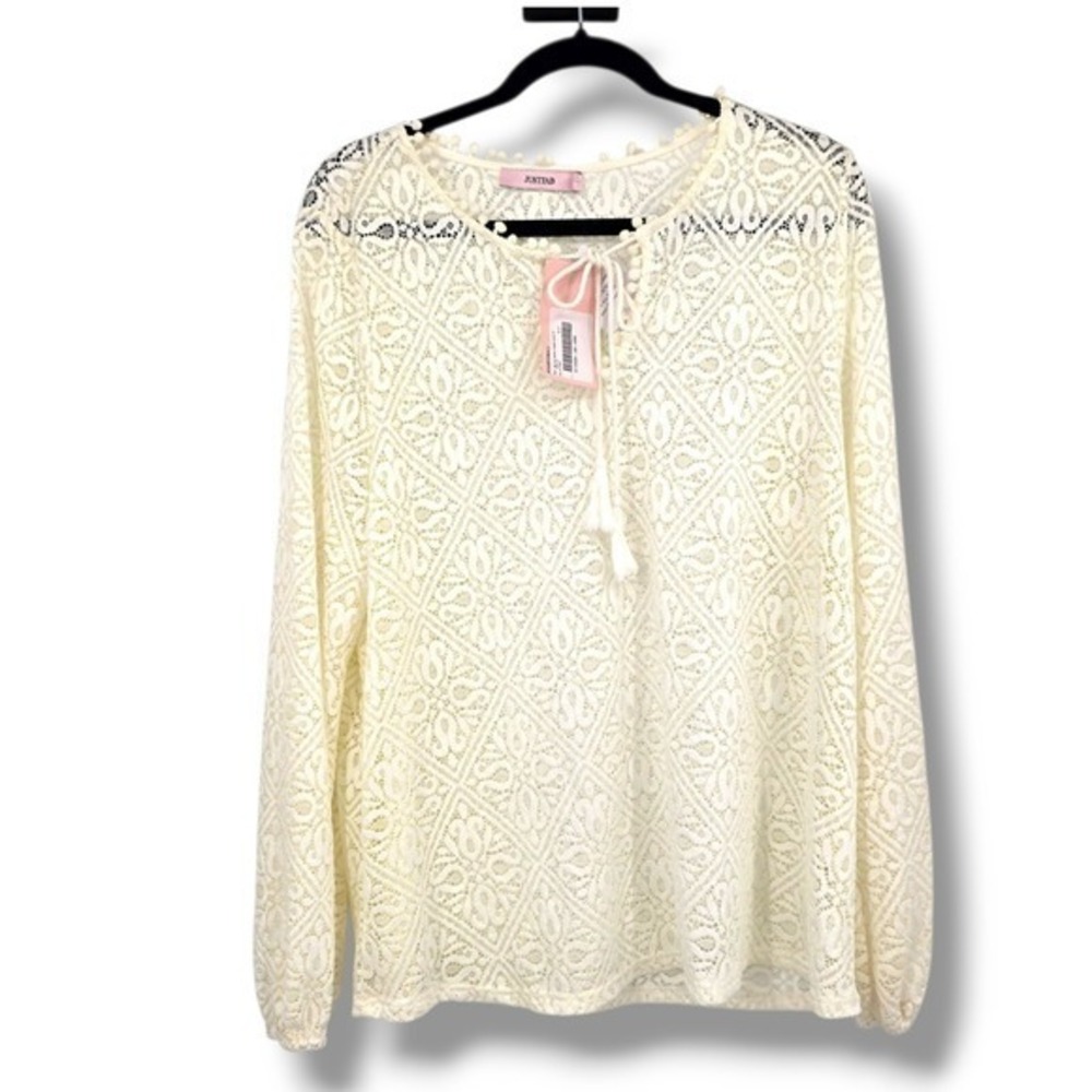NEW JustFab Lace‎ Top PomPom Trim Long Sleeve Bohemian Blouse Cream Size XL